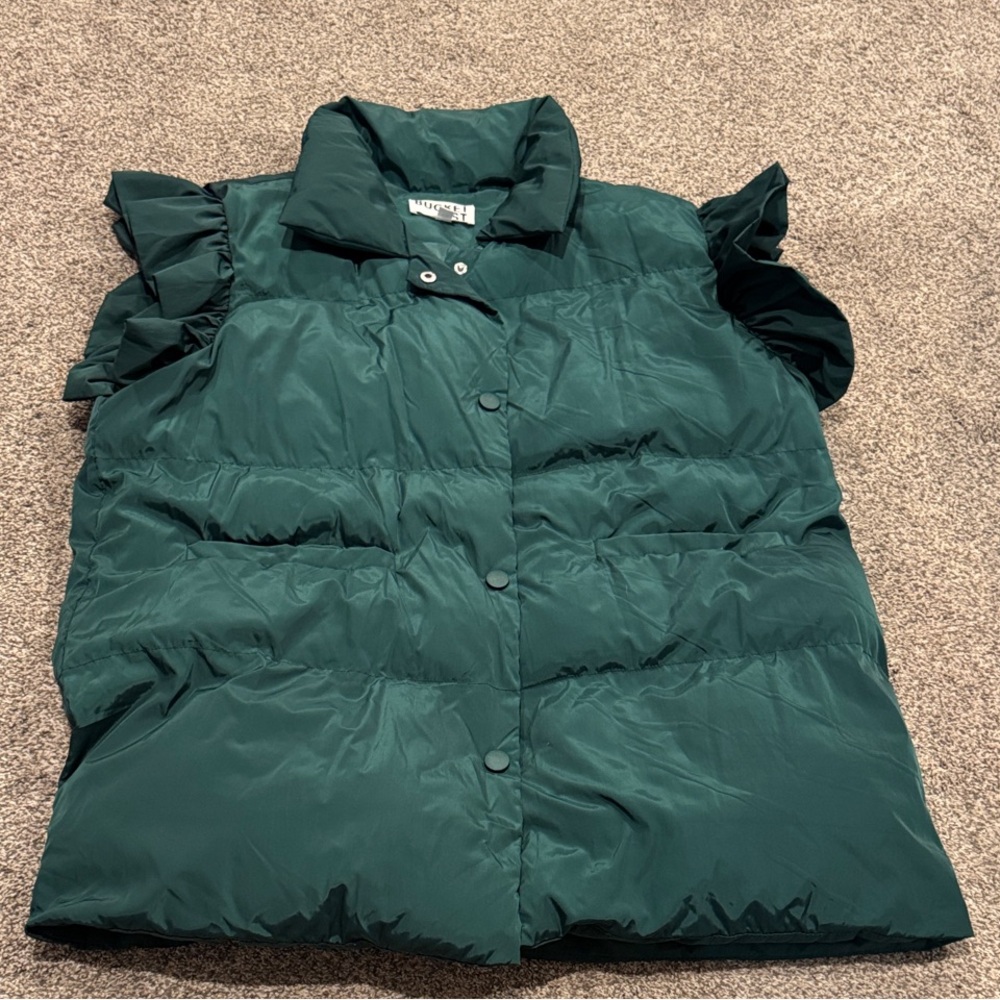 BUCKETLIST Dark Green Puffer Vest with Ruffle Sleeves